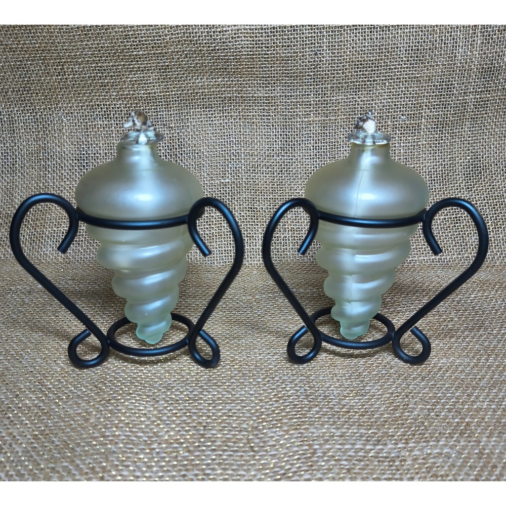 Frosted Glass Spiral Cone Oil Lamps with Black Metal Scrolled Stands Pair Retro